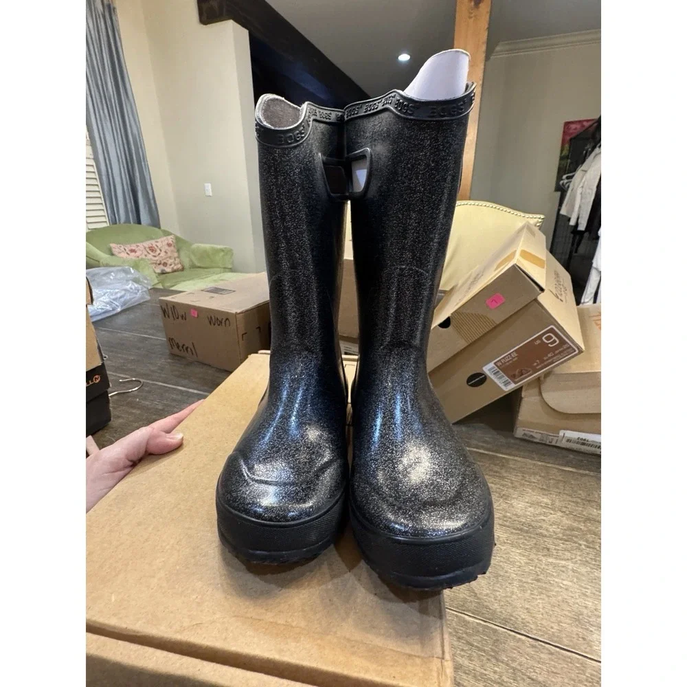 Bogs Rainboot Glitter‎ Boots Black Youth Size 1 Sparkle